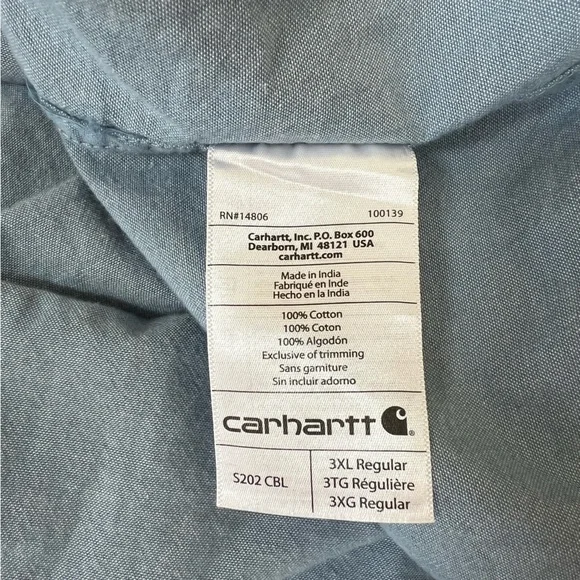 Carhartt 100% Cotton Long Sleeved Button Down Blue Chambray Shirt, size 3XL - Picture 7 of 9